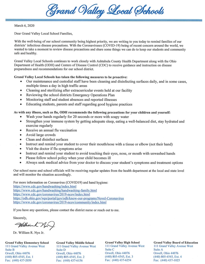 Letter to GV Families regarding flu precautions Grand Valley Local