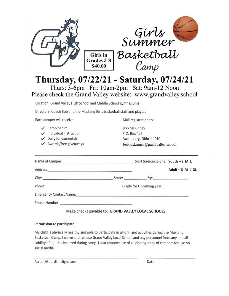Girls Summer Basketball Camp July 22-24, 2021