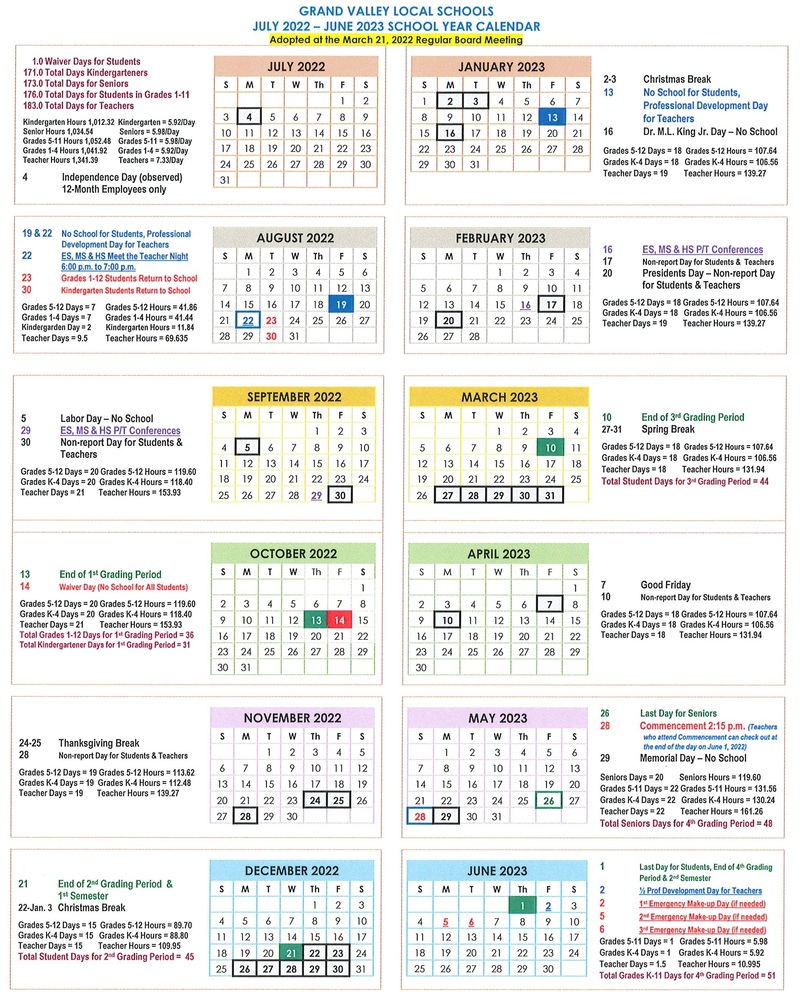 2022-2023 Grand Valley Year-at-a-Glance School Calendar