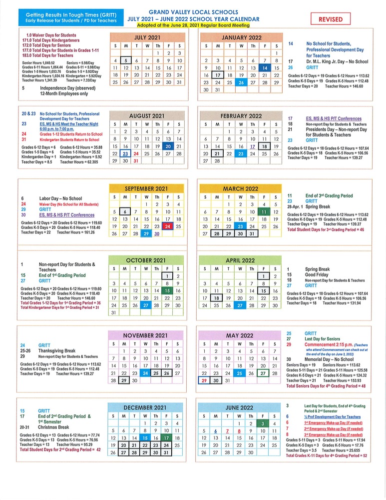 2021-2022 Grand Valley Year-at-a-Glance School Calendar